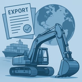 global export illustration with heavy equipment in focus and legal documents in the back made in different shades of blue-1