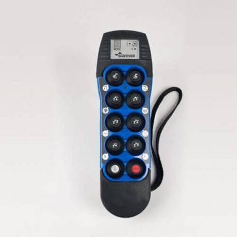 Handheld transmitter with 10 proportional buttons and customized overlay